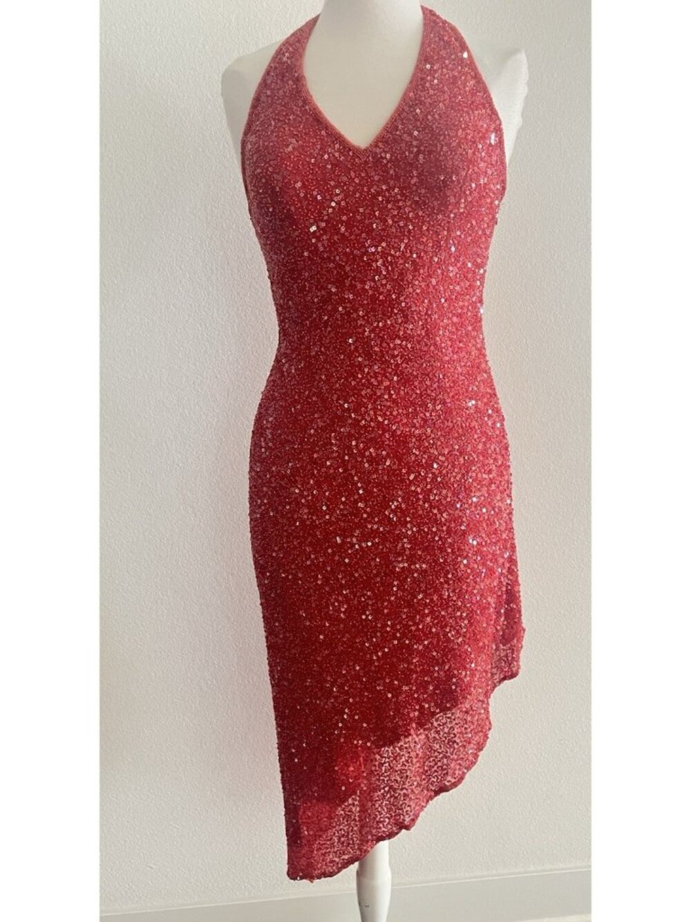 Vtg 90s SCALA Archival Silk Red Square Sequin Halter Dress M Asymmetrical Hem